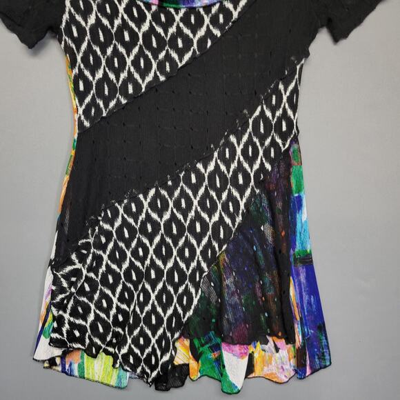 Ferateli Top Womens Small Black Multicolor Cowl Neck Mesh Tunic Asymmetric Boho - Picture 3 of 11
